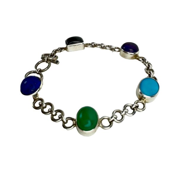 Amethyst Black Onyx Turquoise Chrysoprase Lapis Lazuli Sterling Bracelet - Picture 1 of 7